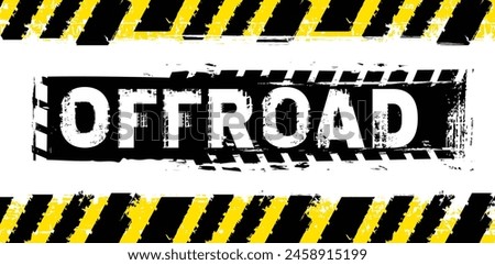 Offroad hand drawn grunge lettering. Off road horizontal poster, banner. Tire track words made from unique letters. Vector illustration. Graphic element in black, yellow color. Landscape background.