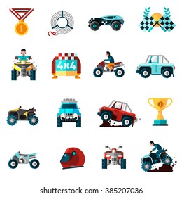 Offroad icons set with cars bikes and awards flat isolated vector illustration 