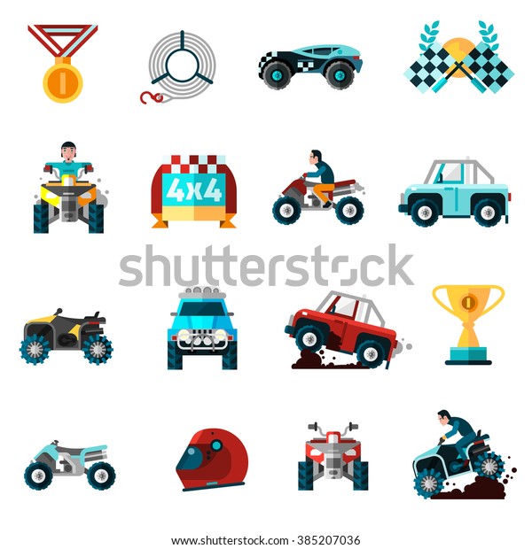 Offroad icons set with cars bikes and\
awards flat isolated vector illustration\

