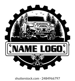 Offroad jeep logo. offroad car jeep logo vector illustration With the background of pine trees