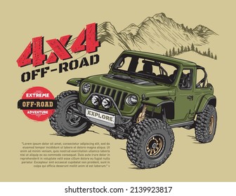 Off-road jeep with rocky mountain background hand-drawn vector illustration