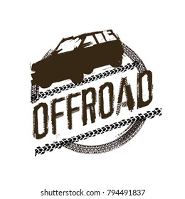 Off-road logo. Extreme competition emblem. Off-roading suv adventure and car club elements. Beautiful vector illustration with unique textured lettering isolated on a white background. 