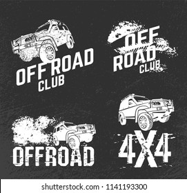 Off-road logo set. Extreme competition emblem. Off-roading suv adventure and car club elements. Beautiful vector illustration in white color with unique textured images isolated on a dark background. 