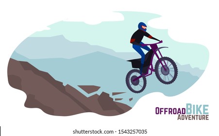 Offroad motocross adventure. Mountain bike competition. Flying biker. Freestyle event. Active lifestyle, sport, extreme concept. Editable vector illustration in modern style.