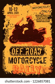 Off-road motorcycle event portrait poster. Editable vector illustration in grunge style. Portrait layout in brawn, yellow, orange colors useful for placard, poster or print design. Automotive concept.