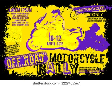 Off-road motorcycle event portrait poster. Editable vector illustration in grunge style. Landscape layout in black, yellow, violett colors useful for placard, poster, print design. Automotive concept