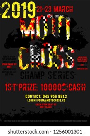 Off-road motorcycle event portrait poster. Editable vector illustration in grunge style. Portrait layout in black, yellow, red colors useful for placard, poster or print design. Automotive concept.