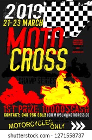 Off-road motorcycle event portrait poster. Editable vector illustration in grunge style. Portrait layout in black, yellow, red colors useful for placard, poster or print design. Automotive concept.