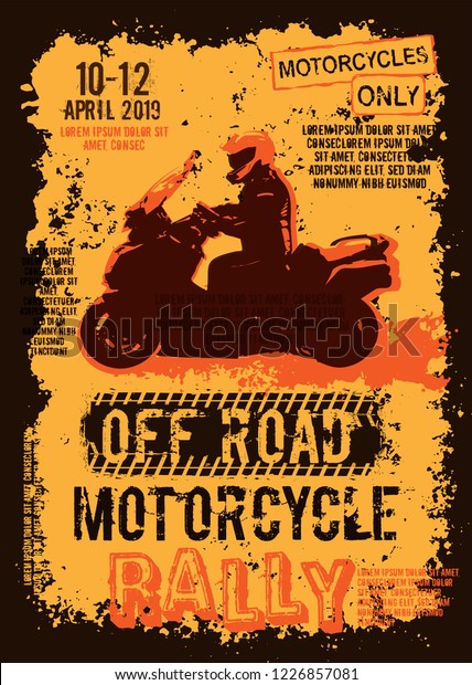 Off-road motorcycle event portrait poster.\
Editable vector illustration in grunge style. Portrait layout in\
brawn, yellow, orange colors useful for placard, poster or print\
design. Automotive\
concept.