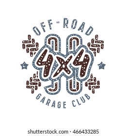 Off-road racing emblem in retro style. Graphic design for t-shirt. Color  print on white background