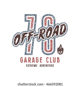 Off-road racing emblem in retro style. Graphic design for t-shirt. Color  print on white background