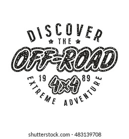Off-road racing emblem in retro style. Graphic design for t-shirt. Black print on white background