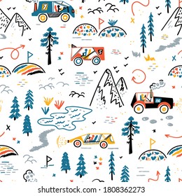 Off-road Racing. Mountain Forest Rally. Toy Car Racing Vector Seamless Pattern. Doodle Buggy Cars and Mountain Forest Terrain. Cartoon Transportation Colorful Background for Kids