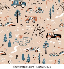 Off-road Racing. Mountain Forest Rally. Toy Car Racing Vector Seamless Pattern. Doodle Buggy Cars and Mountain Forest Terrain. Cartoon Transportation Background for Kids Retro Colors