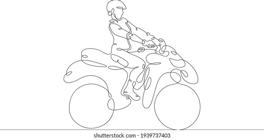 Offroad racing sport ATV with rider. One continuous drawing line  logo single hand drawn art doodle isolated minimal illustration.