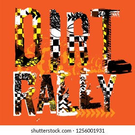 Off-Road rally. Unique grunge lettering on a bright orange background. Creative rally headline. Beautiful vector illustration. Editable graphic element in black, yellow, white and brown colors