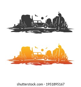 Offroad Scene Desert Adventure. National Park Monument Valley Silhouette Vector Illustration.