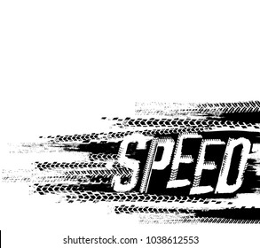 Off-Road SPEED hand drawn grunge lettering on a textured background. Tire tracks words made from unique letters. Beautiful vector illustration. Editable graphic element in white and black colours.