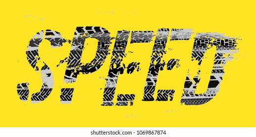 Off-Road SPEED hand drawn grunge lettering on a yellow background. Tire tracks words made from unique letters. Beautiful vector illustration. Editable graphic element in grey and black colours.