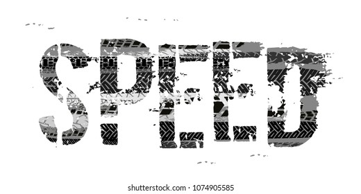 Off-Road SPEED hand drawn grunge lettering on a light grey background. Tire tracks words made from unique letters. Beautiful vector illustration. Editable graphic element in monochrome colours.