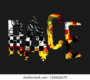 Off-Road speed racing. Unique grunge lettering on a dark grey background. Creative race headline. Beautiful vector illustration. Editable graphic element in black, yellow, white and red colors.