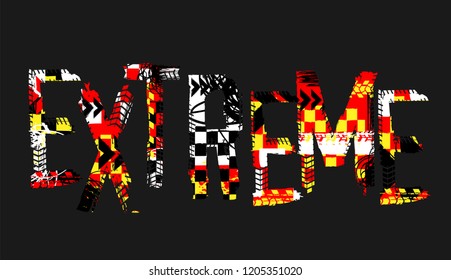 Off-Road speed racing. Unique grunge lettering on a dark grey background. Creative drive headline. Beautiful vector illustration. Editable graphic element in black, yellow, white and red colors.