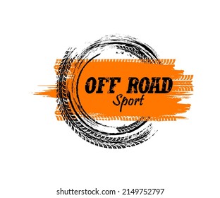 Offroad sport grunge banner. Tire tracks of race car or motorcycle wheels. Mud road tyre tread marks and dirt trails of rally truck, auto and bike, drift show and motocross off road sport