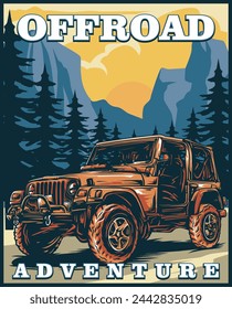 
off-road standing on the road with mountains trees background Vector banner poster ,automotive adventure horizontal shirt