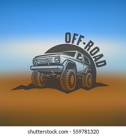 off-road suv car monochrome labels, on  blurred background. 