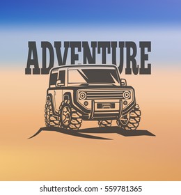 off-road suv car monochrome labels, on  blurred background. 