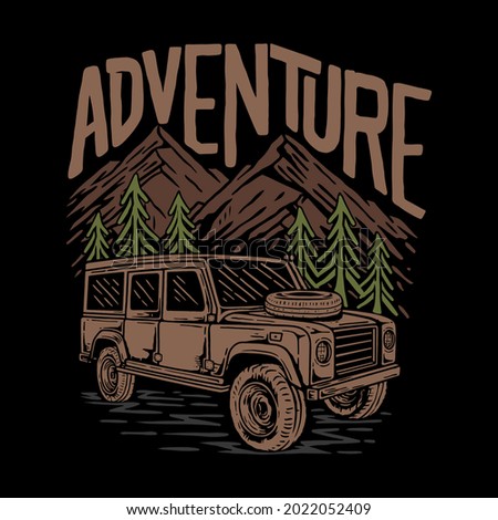 OFFROAD SUV CAR WITH MOUNTAINS BACKGROUND PREMIUM VECTOR