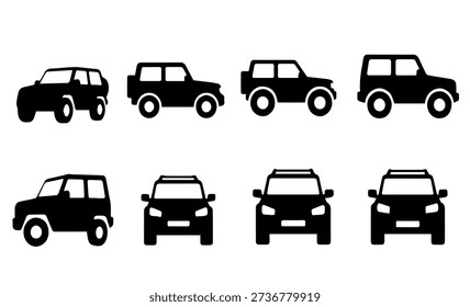 Off-Road SUV Car Vehicle Silhouette Icons Set Vector Illustration for Automotive Adventure 4x4 Transport and Travel Graphic Design