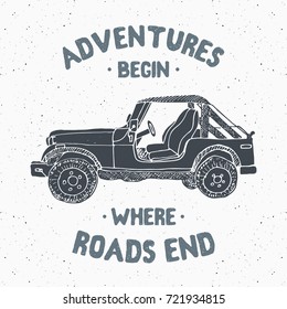 Geländewagen, Vintage-Label, handgezeichnete Skizze, farbige Retro-Abzeichen, Typografie-Design T-Shirt-Druck, Vektorgrafik .