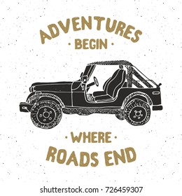 Offroad SUV car, vintage label, Hand drawn sketch, grunge textured retro badge, typography design t-shirt print, vector illustration