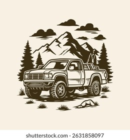 Off-Road SUV em Mountain Forest, Vintage Aventura Veículo Line Art	