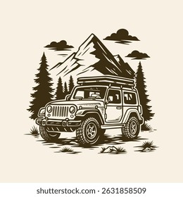 Off-Road SUV em Mountain Forest, Vintage Aventura Veículo Line Art	
