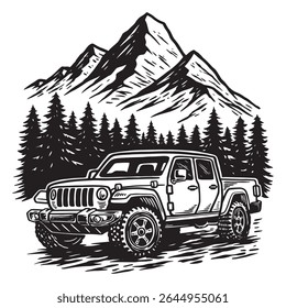 Off-Road SUV em Mountain Forest, Vintage Aventura Veículo Line Art	
