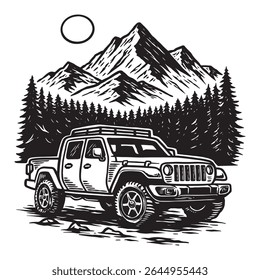 Off-Road SUV em Mountain Forest, Vintage Aventura Veículo Line Art	
