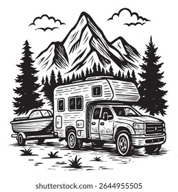 Off-Road SUV em Mountain Forest, Vintage Aventura Veículo Line Art	
