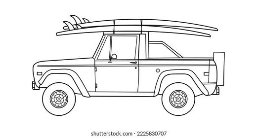 Off-road SUV side view, surfboards on the roof. Doodle vector illustration