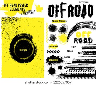 Off-road texture elements. All you need to make rally, race or off road poster, print, leaflet design. Editable illustration isolated on white background. Vector collection in yellow and black color.