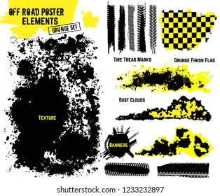 Off-road texture elements. All you need to make rally, race or off road poster, print, leaflet design. Editable illustration isolated on white background. Vector collection in yellow and black color.