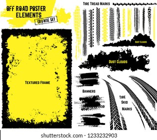 Off-road texture elements. All you need to make rally, race or off road poster, print, leaflet design. Editable illustration isolated on white background. Vector collection in yellow and black color.