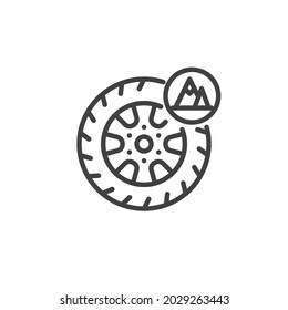 Off-Road Tire line icon. linear style sign for mobile concept and web design. Car wheel and mountain outline vector icon. Symbol, logo illustration. Vector graphics