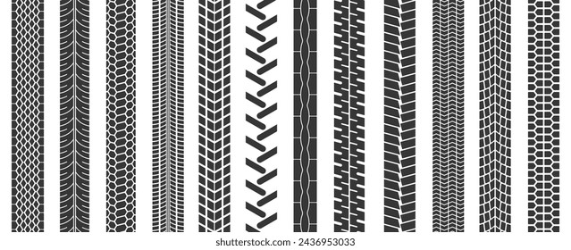 Offroad Tire Prints Set. Rugged Traces Of Wheel Treads. Vector Black, Dirty Strokes Of Automobile Race, Rally, Motocross