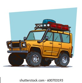 Off-road travel adventure. Cartoon illustration