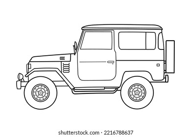 Off-road travel suv car side view. Vector outline doodle illustration