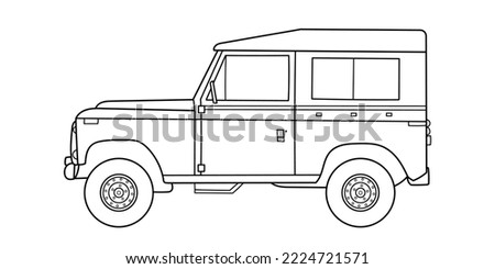 Off-road travel suv car, side view. Vector outline doodle illustration