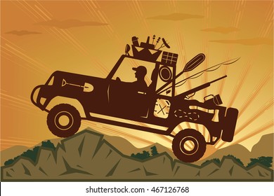 Off-road trip into a wilderness encourages participation in fishing, hunting or just camping to make your vacation tour really unforgettable. EPS 8, stock vector illustration.