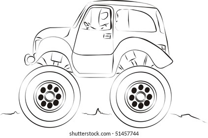 Off-road truck black and white vector illustration